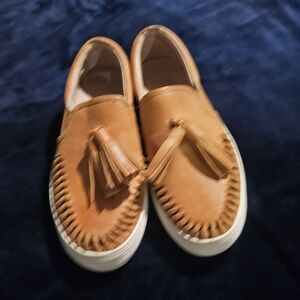 Tan Leather Slip-On Shoes with Tassels